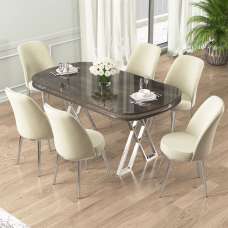 Lai Anthracite Lacquer Panel Dining Table with 6 Fabric Cream Chairs in Chrome - UK