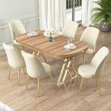 Lai Light Walnut Lacquer Panel Dining Table with 6 Fabric Cream in Gold - UK