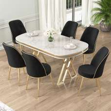Lai White Lacquer Panel Dining Table with 6 Fabric Black Chairs in Gold - UK
