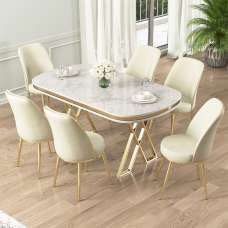 Lai White Lacquer Panel Dining Table with 6 Fabric Cream Chairs in Gold - UK