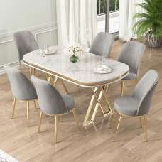 Lai White Lacquer Panel Dining Table with 6 Fabric Grey Chairs in Gold - UK