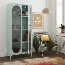 Lakes Metal Storage Cabinet Tall 2 Fluted Glass Doors In Sky Blue - UK
