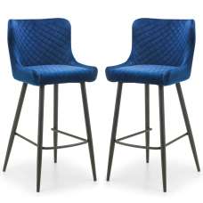Lakia Blue Velvet Bar Stools With Black Legs - Pair - UK