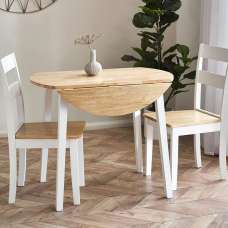 Lamar White Oak Wooden Round Drop Leaf Dining Table With 2 Chairs - UK