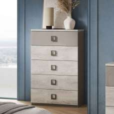 Lana High Gloss Chest of 5 Drawers in Grey and Oak - UK
