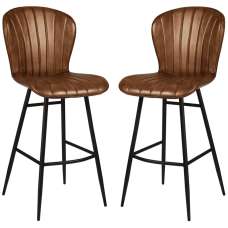 Laramie Pecan Brown Genuine Leather Bar Stools In Pair - UK