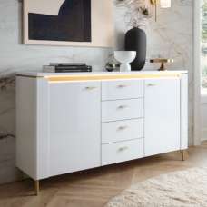 Laughlin LED High Gloss Sideboard With 2 Doors 4 Drawers In White - UK