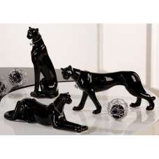 Leo Leopard Porcelain Set Of 3 Design Sculpture In Shiny Black - UK