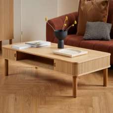 Lewiston Wooden Coffee Table With 2 Sliding Doors In Oak - UK