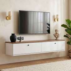 Ligne 140cm Wooden Wall Mounted TV Stand with 2 Doors in White and Atlantic Pine - UK