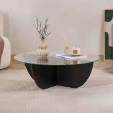 Liorza Round Clear Glass Coffee Table with Black Wooden Base - UK