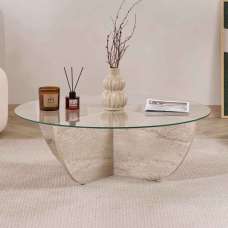 Liorza Round Clear Glass Coffee Table with Travertine Marble Effect Wooden Base - UK