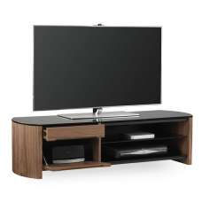 Flare Large Black Glass TV Stand With Walnut Wooden Frame - UK