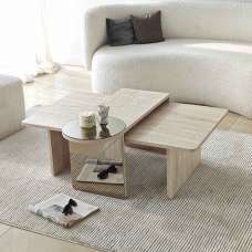 Luna Rectangular Wooden Nest of 2 Tables in Travertine Marble Effect and Bronze - UK