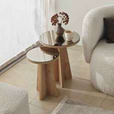 Luna Round Wooden Nest of 2 Side Tables in Bronze and Sapphire Oak - UK