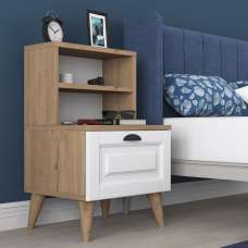 Lundero Wooden Bedside Cabinet With 2 Shelves In White And Oak - UK