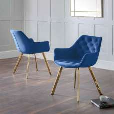Lynaro Blue Velvet Dining Chairs with Golden Legs in Pair - UK