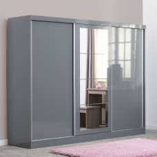 Mack Wooden Sliding Wardrobe With 3 Doors In Grey Gloss Front - UK