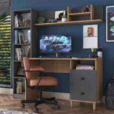 Marbella Wooden Computer Desk with Bookcase 2 Drawers in Anthracite Walnut - UK