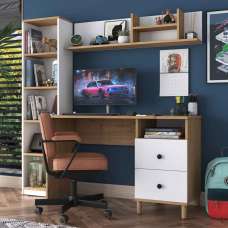 Marbella Wooden Computer Desk with Bookcase 2 Drawers in White and Walnut - UK
