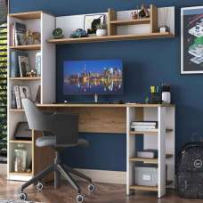 Marbella Wooden Computer Desk with Bookcase and Shelves in White Walnut - UK