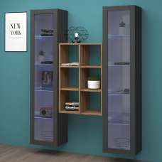 Marysville Wooden LED Display Cabinet With 2 Glass Doors And 6 Shelves In Anthracite - UK