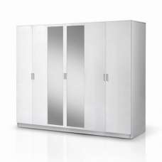 Mayon Mirrored Wooden 6 Doors Wardrobe In White High Gloss - UK