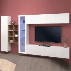 Mcrae LED White Glossy Entertainment Unit With 1 Glass Door And 6 Shelves In Oak - UK