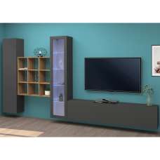 Mcrae LED Wooden L Shape Entertainment Unit With 1 Glass Door And 9 Shelves In Anthracite Oak - UK