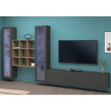 Mcrae LED Wooden L Shape Entertainment Unit With 2 Glass Doors And 9 Shelves In Anthracite Oak - UK
