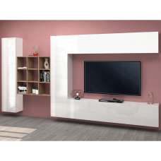 Mcrae White Glossy Entertainment Unit With 4 Doors And 9 Shelves In Oak - UK