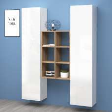 Mcrae White Glossy Storage Cabinet With 2 Doors And 6 Shelves In Oak - UK