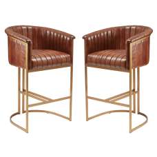 Medinah Pecan Brown Genuine Leather Bar Stools In Pair - UK