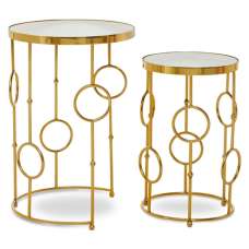 Mekbuda Round White Glass Top Nest Of 2 Tables With Gold Frame - UK