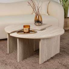 Melira Wooden Nest Of 2 Coffee Table in Travertine Marble Effect - UK