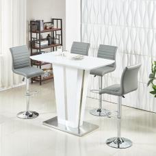 Memphis Glass White Gloss Bar Table 4 Ripple Grey Stools - UK