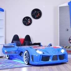Menve Blue Children Car Bed with Black Leather Seat and LED - UK