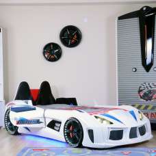 Menve White Children Car Bed with Black Leather Seat and LED - UK