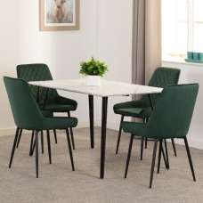 Mequon White Marble Effect Dining Table With 4 Avah Green Chairs - UK