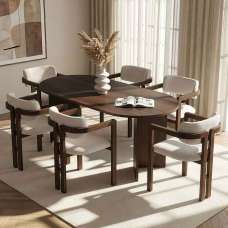 Meridale Milano Walnut Oval Wooden Dining Table with 6 White Chairs - UK