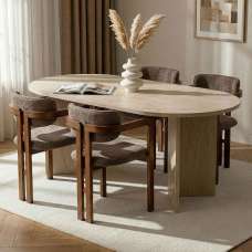 Meridale Travertine Marble Effect Oval Wooden Dining Table with 4 Brown Chairs - UK
