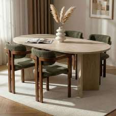 Meridale Travertine Marble Effect Oval Wooden Dining Table with 4 Green Chairs - UK