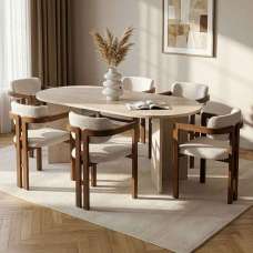 Meridale Travertine Marble Effect Oval Wooden Dining Table with 6 White Chairs - UK