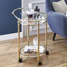 Merksem Round Clear Glass Shelves Serving Trolley In Brass - UK