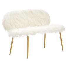 Merope Upholstered Faux Fur Sofa With Gold Metal Legs In White - UK