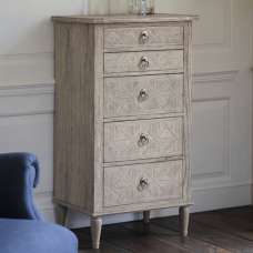 Mestiza Narrow Wooden Chest Of 5 Drawers In Natural - UK