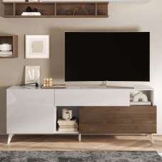 Milan Small High Gloss TV Stand In White And Mercure Oak - UK