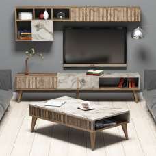 Milan Wooden Entertainment Unit with Coffee Table Set in Walnut and White Marble Effect - UK
