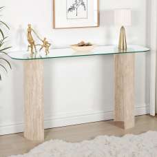 Mirano Clear Glass Top Console Table With Cream Marble Effect Legs - UK