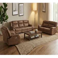Morlix Fabric Manual Recliner Sofa Suite in Tan - UK